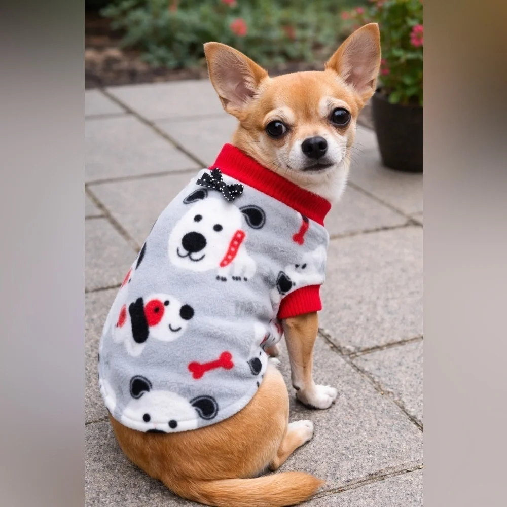 Handmade Small Dog Fleece Sweater | Cozy Puppy Print | Red Ribbed Trim